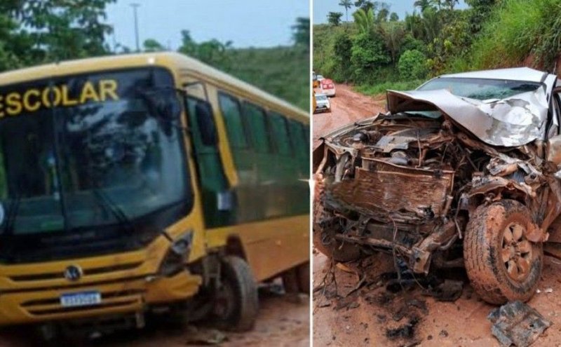 Grave colisão envolvendo ônibus escolar e caminhonete deixa quatro vítimas feridas
