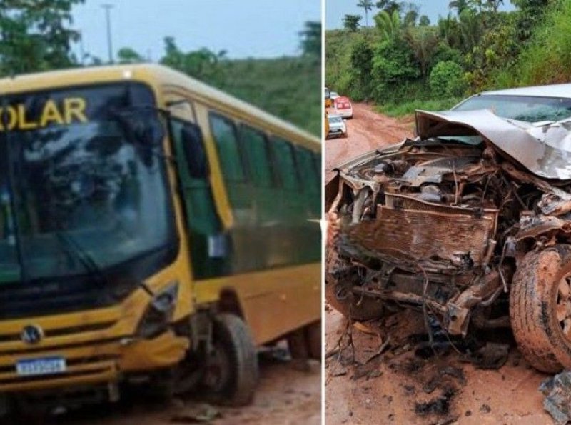 Grave colisão envolvendo ônibus escolar e caminhonete deixa quatro vítimas feridas
